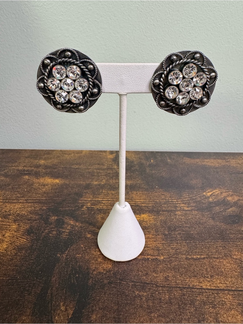 Vintage-Style Silver Crystal Button Clip-On Earrings - Clear Crystal